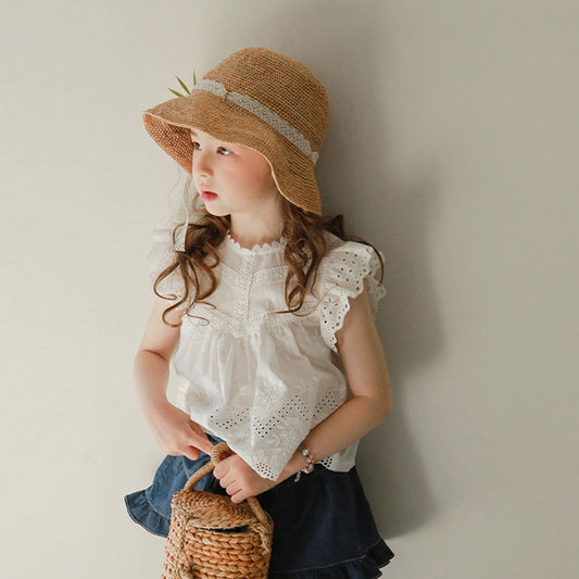 Girls Sweet Cutout Edge Fly Sleeve T-Shirt
